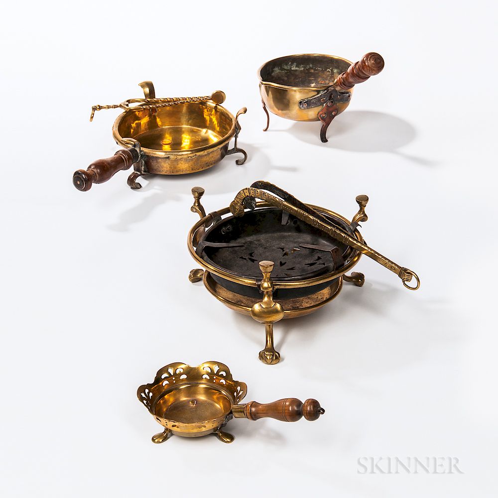 Appraisal: Three Brass Braziers and a Warming Pan Three Brass Braziers