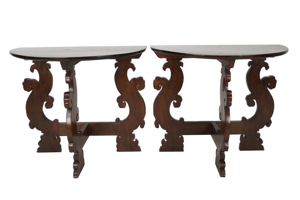 Appraisal: PAIR OF SPANISH BAROQUE-STYLE DEMILUNE CONSOLES th century Provenance The