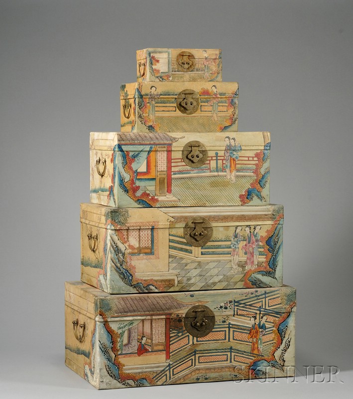 Appraisal: Set of Five Graduated Chinese Export Polychrome Paint Decorated Pigskin-clad