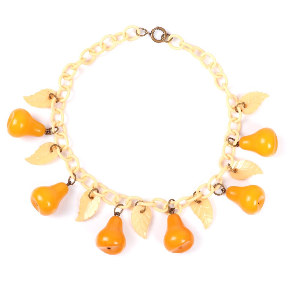 Appraisal: BAKELITE CARVED BUTTERSCOTCH PEAR FRUIT CHARM NECKLACE WITH CELLULOID CHAIN