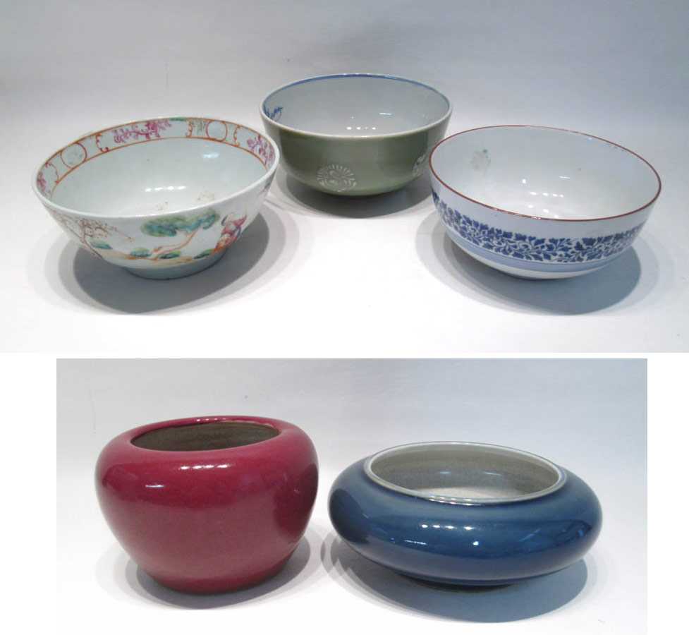 Appraisal: FIVE CHINESE PORCELAIN BOWLS blue glaze with craquelure interior tributory