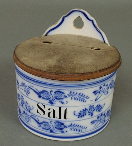 Appraisal: Flow Blue ceramic hanging saltbox with a wood lid h