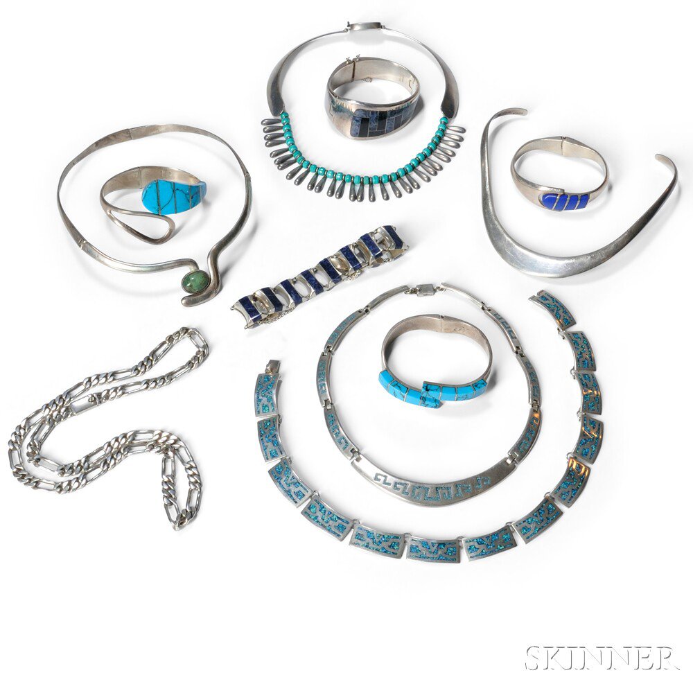 Appraisal: Eleven Pieces of Mexican Silver Jewelry Silver turquoise hardstones Mexico