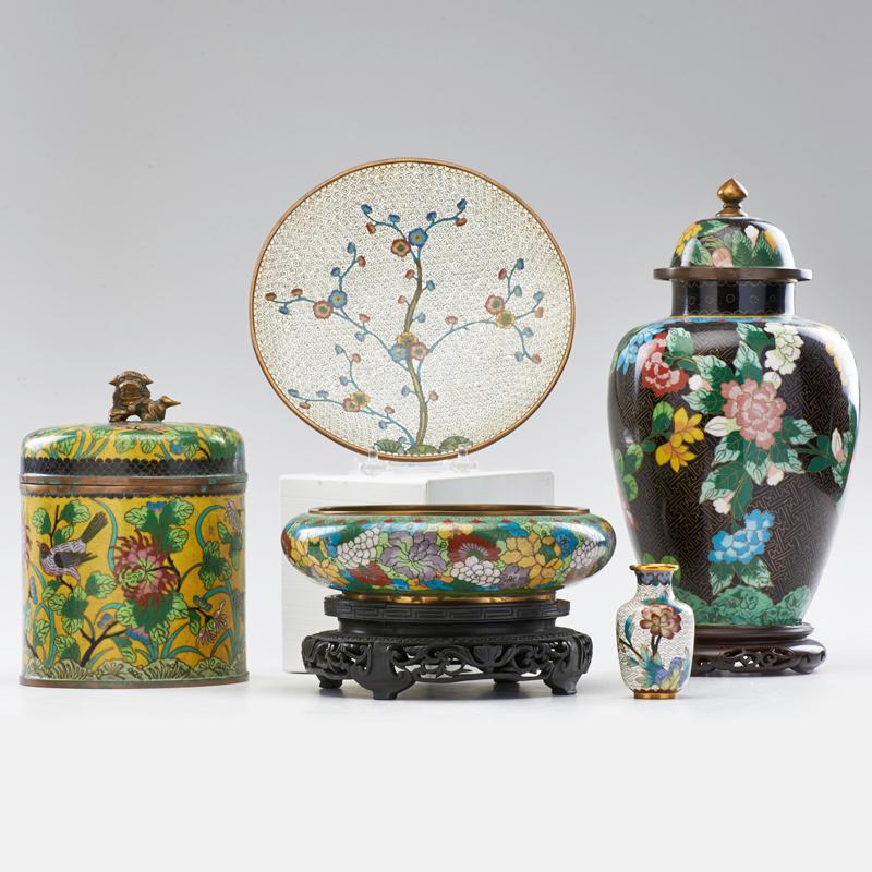 Appraisal: CHINESE Five pieces cloisonne lidded vase and bowl on stands