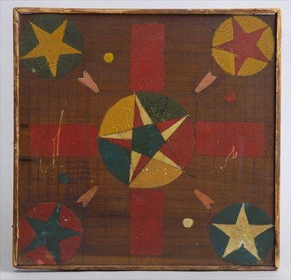 Appraisal: PAINTED WOOD PARCHESI CHECKER REVERSIBLE BOARD With central -pointed star