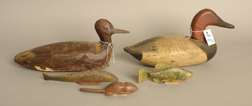 Appraisal: Three carved and painted fish decoys together with duck decoys