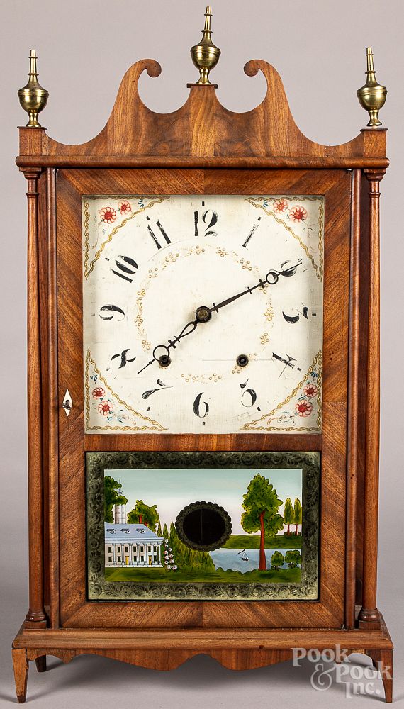 Appraisal: Federal mahogany pillar and scroll clock Federal mahogany pillar and