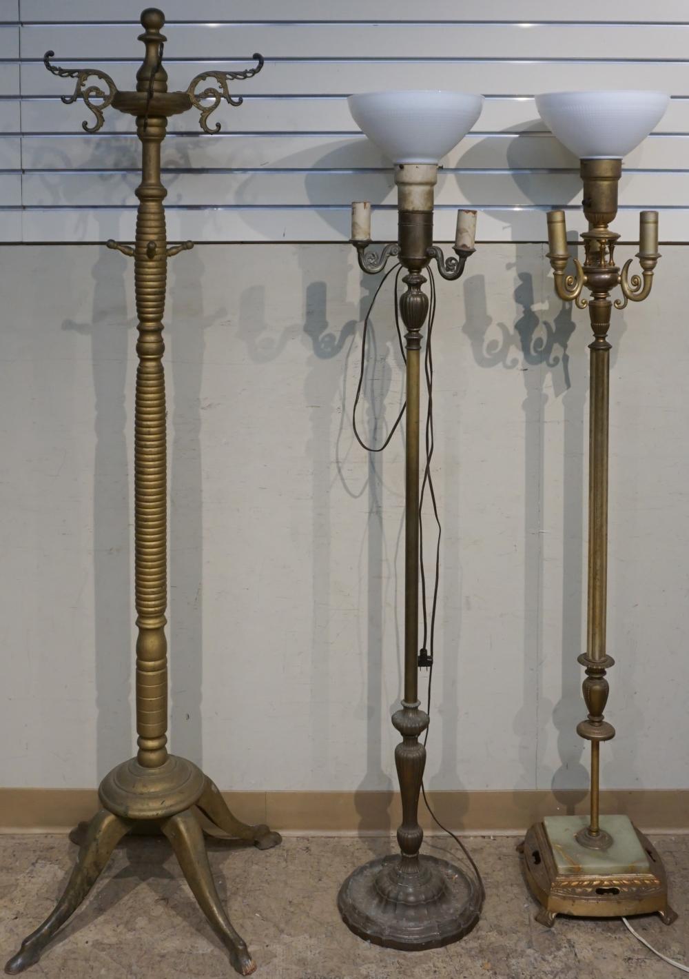 Appraisal: GILT PAINTED WOOD COAT RACK AND TWO BRASS THREE-LIGHT FLOOR