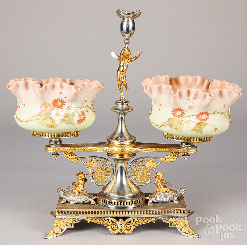 Appraisal: Gilt metal centerpiece Gilt metal centerpiece with ruffled edge glass