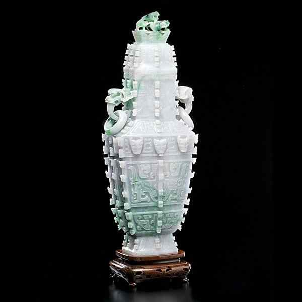 Appraisal: Archaistic Jadeite Lidded Wine Vessel Chinese th century fangku form