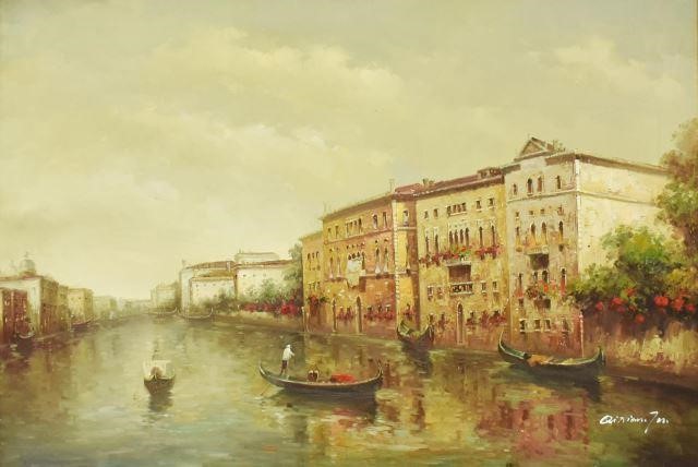 Appraisal: Decorative framed oil on canvas painting Venetian Canal signed lower