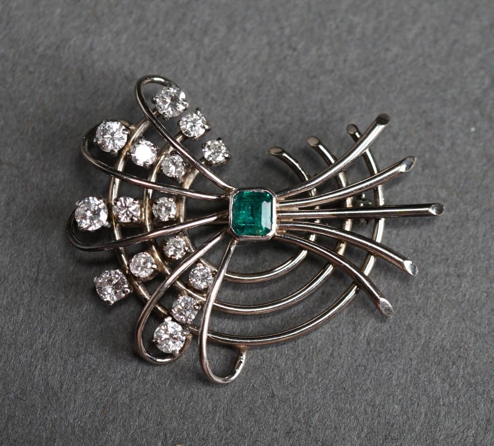 Appraisal: Tested -Karat White-Gold Emerald and Diamond Brooch gross dwt L