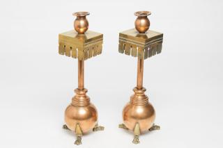 Appraisal: Aesthetic Movement Mixed Metal Candlesticks Aesthetic Movement copper and brass