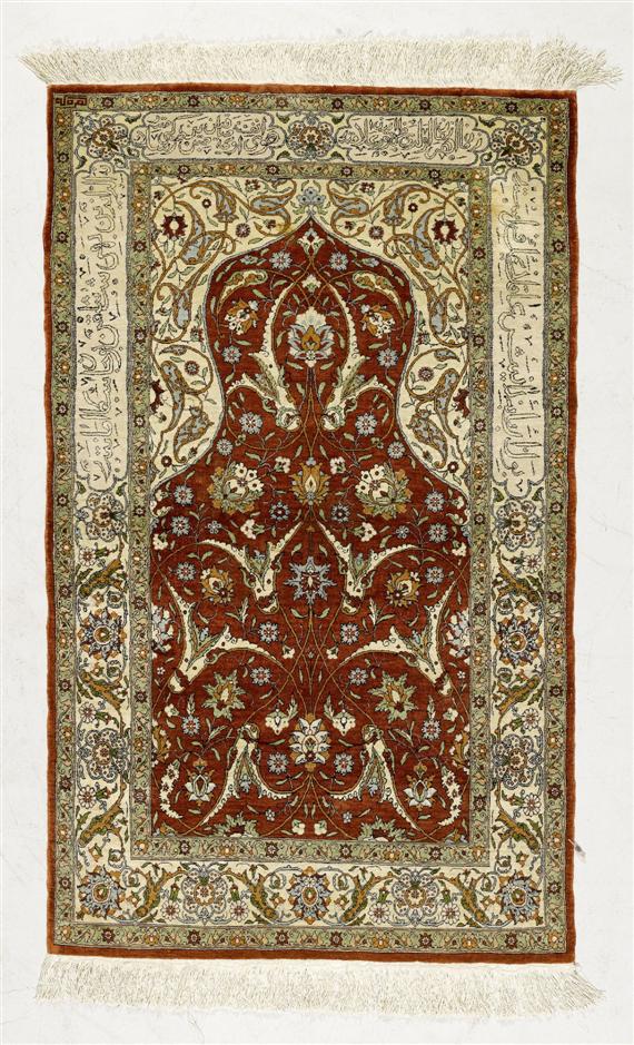 Appraisal: HEREKE PRAYER old Red mihrab with white spandrels patterned with