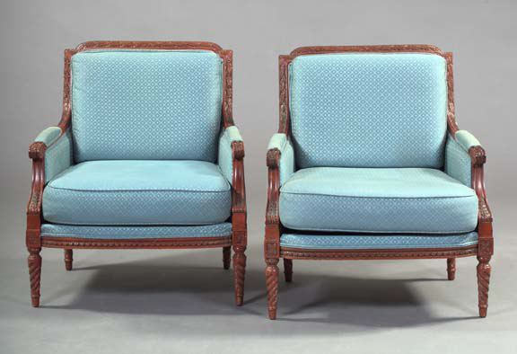 Appraisal: Pair of Louis XVI-Style Fruitwood Bergeres the back frames featuring