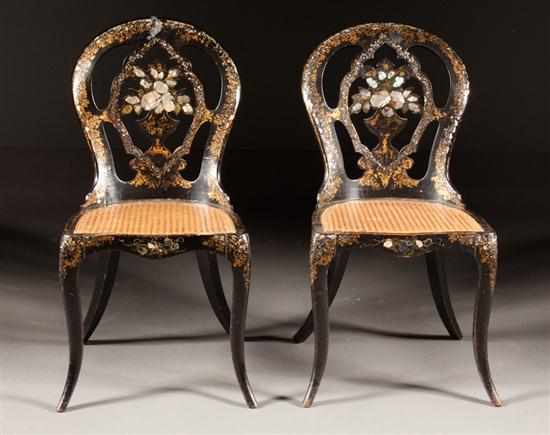 Appraisal: Pair of Victorian mother of pearl inlaid ebonized wood cane-seat