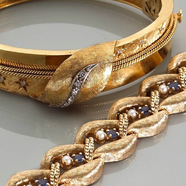 Appraisal: Two gem-set bracelets one bangle bracelet set with single-cut diamonds