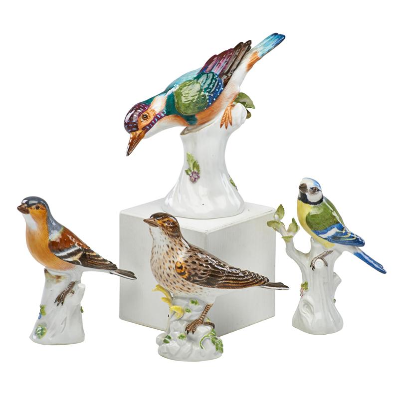 Appraisal: MEISSEN PORCELAIN FIGURES Four Various hand-painted birds th c Tallest