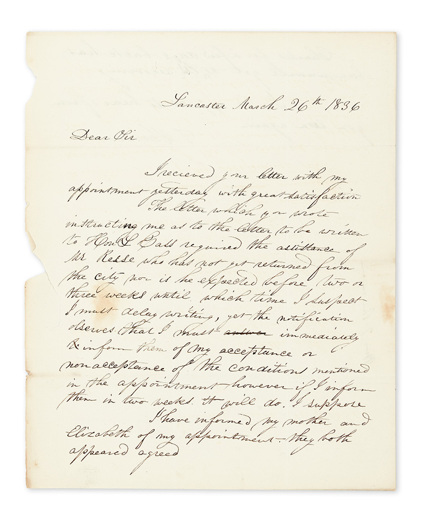 Appraisal: SHERMAN BEGINS HIS MILITARY CAREER SHERMAN WILLIAM TECUMSEH Autograph Letter