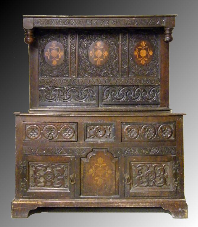 Appraisal: Antique oak carved sideboard the raised back with canopy dated