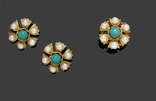 Appraisal: PEARL AND TURQUOISE RING WITH CLIP EARRINGS AND BROOCH Yellow