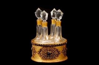 Appraisal: Empire Art Gold Jeweled Perfume Caddy w Bottles E J