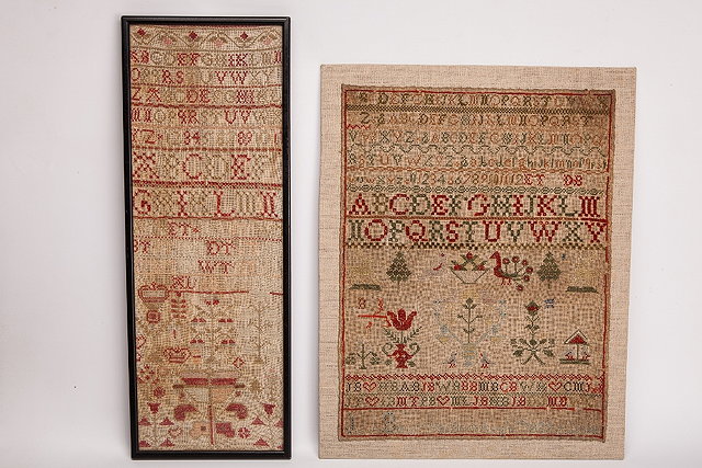 Appraisal: A TRADITIONAL CHILD'S SAMPLER with alphabet bird and tree decoration