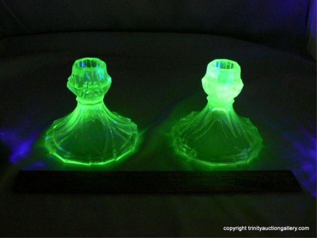 Appraisal: Vaseline Depression Glass Pair of Candleholders - Fires great Beautiful