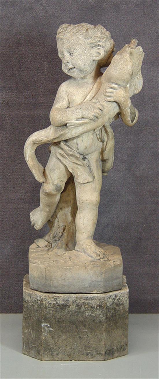 Appraisal: Cast Stone Garden Sculpture of Boy with Dolphin Mid th