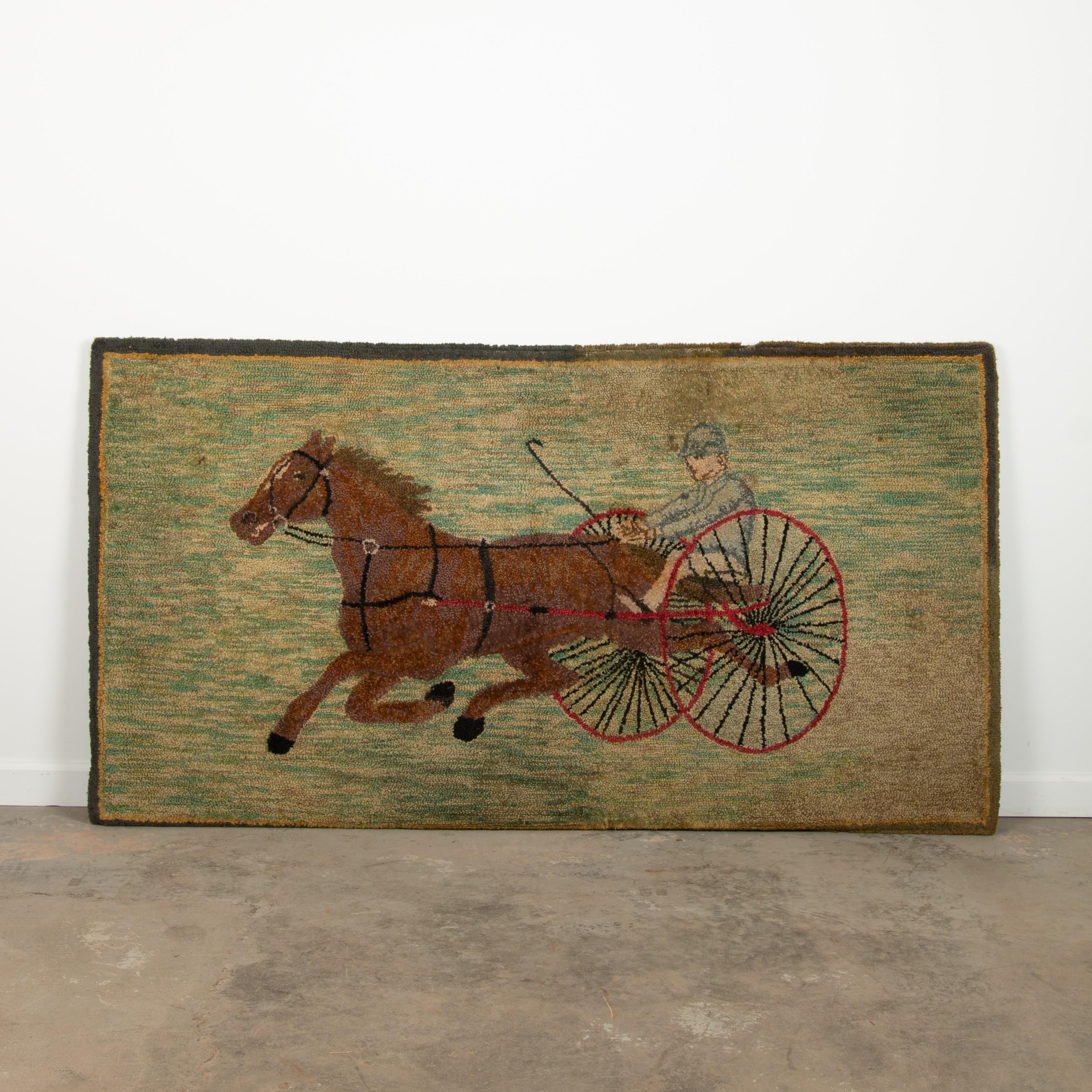 Appraisal: FOLK ART THOROUGHBRED TROTTER AND SULKY HOOKED RUG Thoroughbred trotter