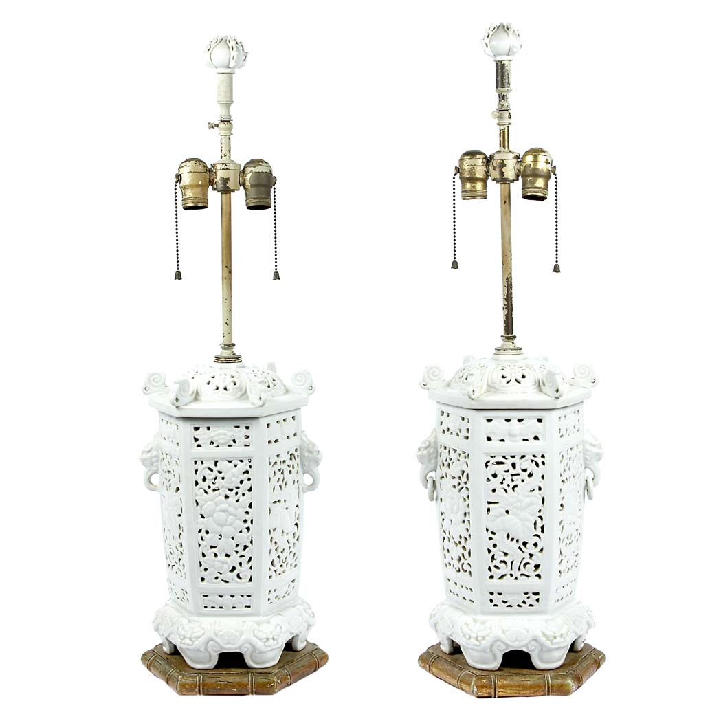 Appraisal: Pair of Chinese Clear Glazed Porcelain Lamps Each of hexagonal