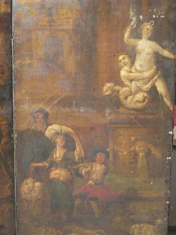 Appraisal: A two fold Screen decorated with an eighteenth Century Flemish