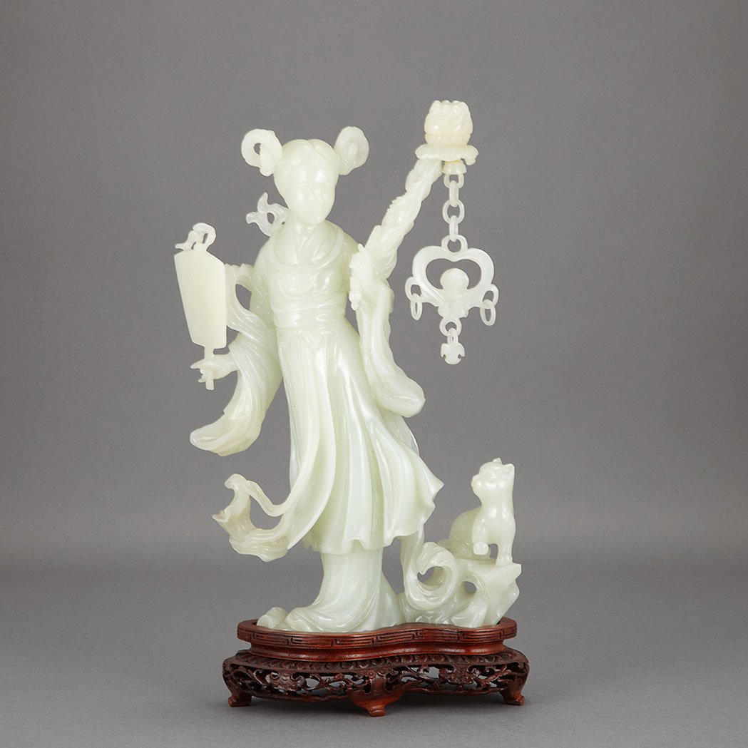 Appraisal: Chinese Celadon Jade Meiren th Century Standing in long robes