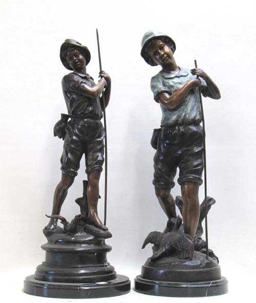 Appraisal: TWO FIGURAL BRONZE SCULPTURES each depicting a standing boy with