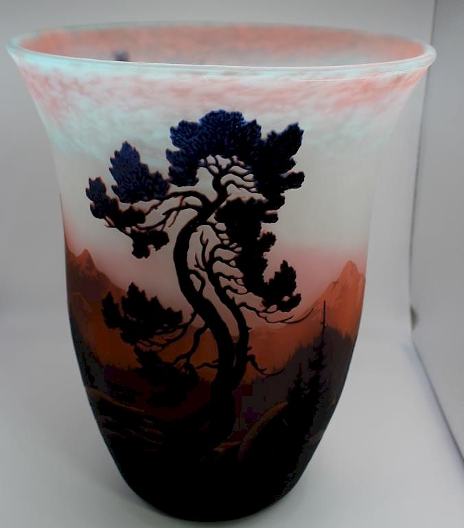 Appraisal: MULLER-FRERES Signed Cameo Glass Vase Landscape with lake and trees