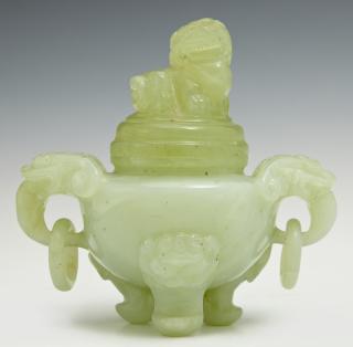 Appraisal: Oriental Carved Jade Censer th c the lid with a