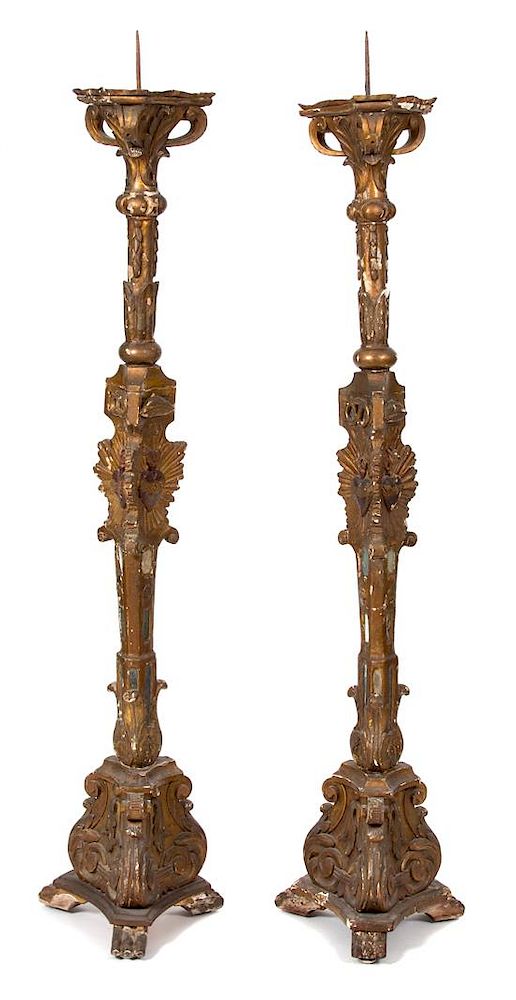 Appraisal: A Pair of Italian Giltwood and Mirrored Glass Torcheres Height