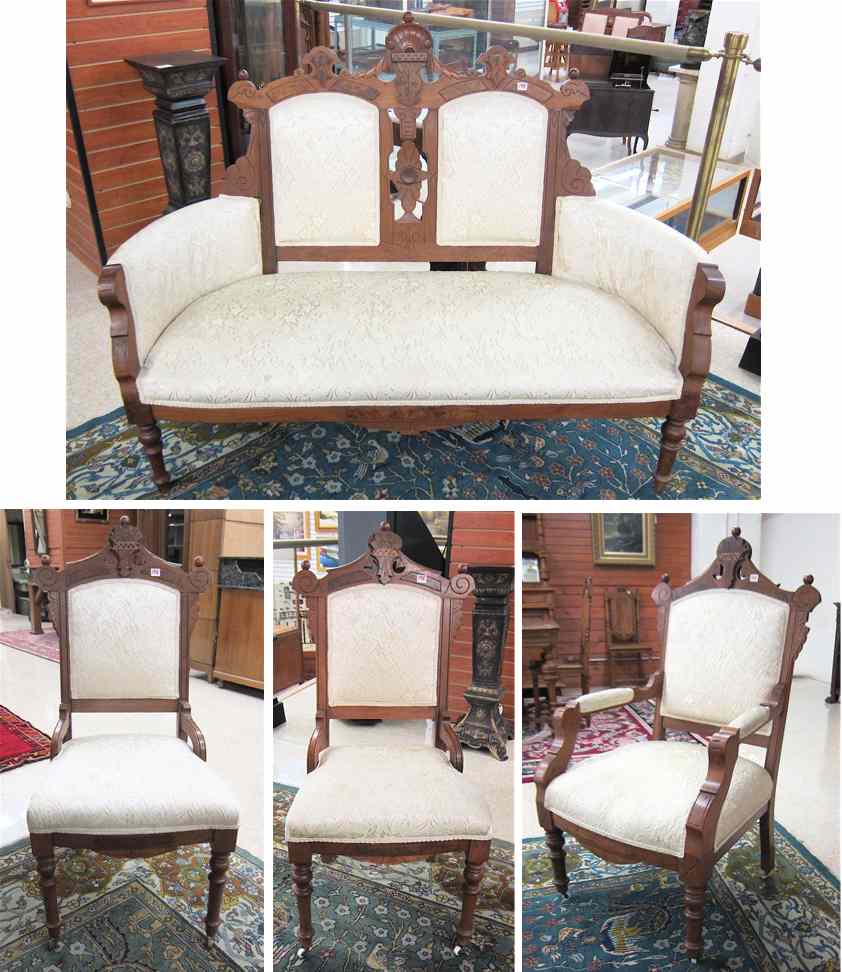 Appraisal: FOUR-PIECE VICTORIAN WALNUT PARLOR SET Charles Eastlake design American c