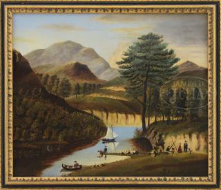 Appraisal: AMERICAN PRIMITIVE LANDSCAPE DEPICTING RIVERSIDE CAMP AMERICAN PRIMITIVE LANDSCAPE DEPICTING