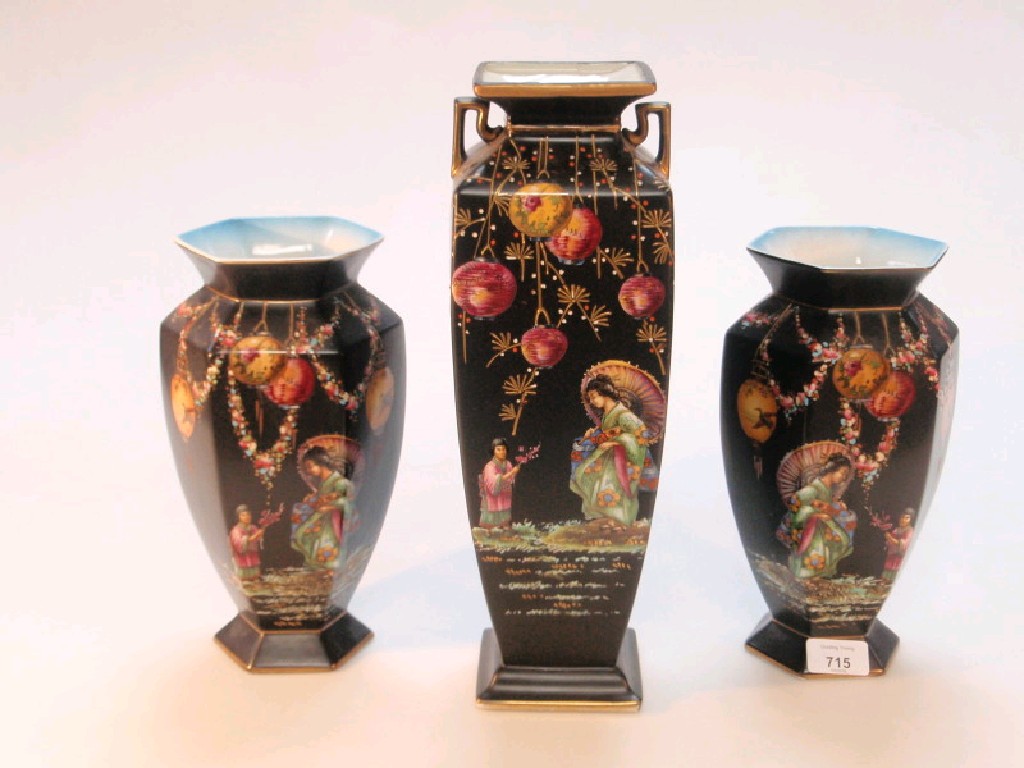 Appraisal: Three Falcon ware vases black ground with oriental decoration