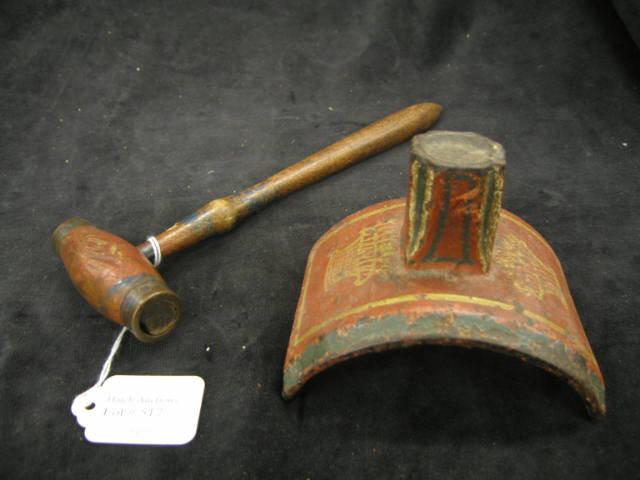 Appraisal: th Century Wrist Gavel Set original paint basket of flower