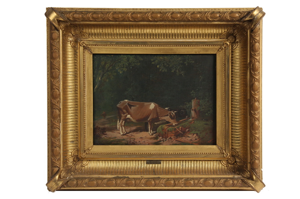 Appraisal: OIL ON CANVAS - Brown and Black Cows watering signed