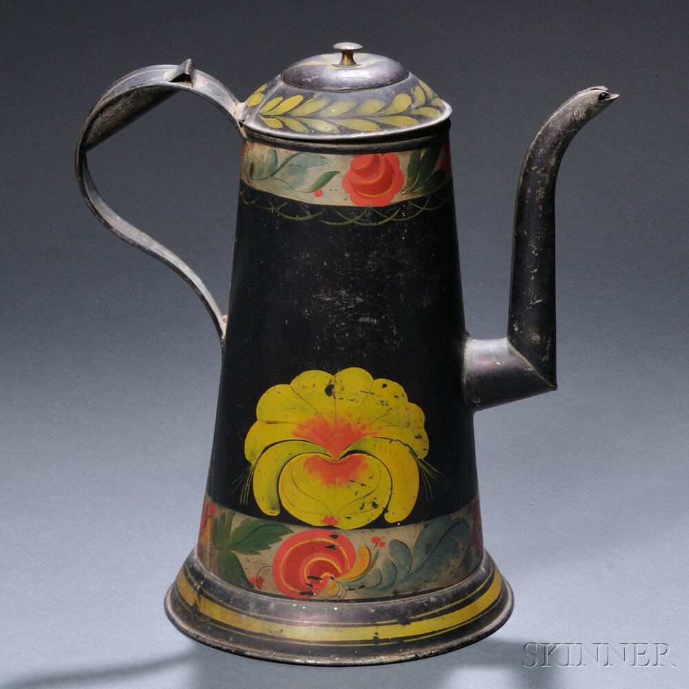 Appraisal: Paint-decorated Tinware Coffeepot America early th century lighthouse-form pot with