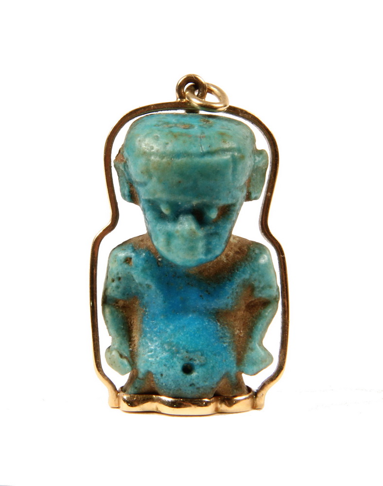 Appraisal: GOLD MOUNTED AMULET - Ancient Egyptian Faience figure of Ptaikos