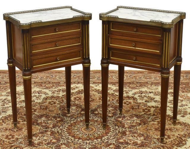 Appraisal: pair French Louis XVI style marble-top mahogany nightstands early th