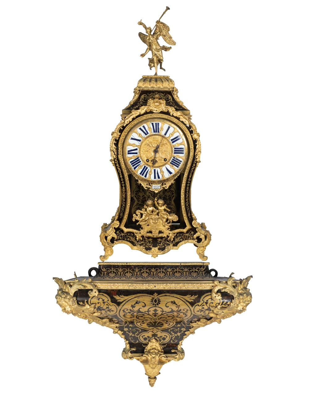 Appraisal: FRENCH BOULLE MARQUETRY CLOCK BRACKETthe brass repousse dial signed 'Cormasson