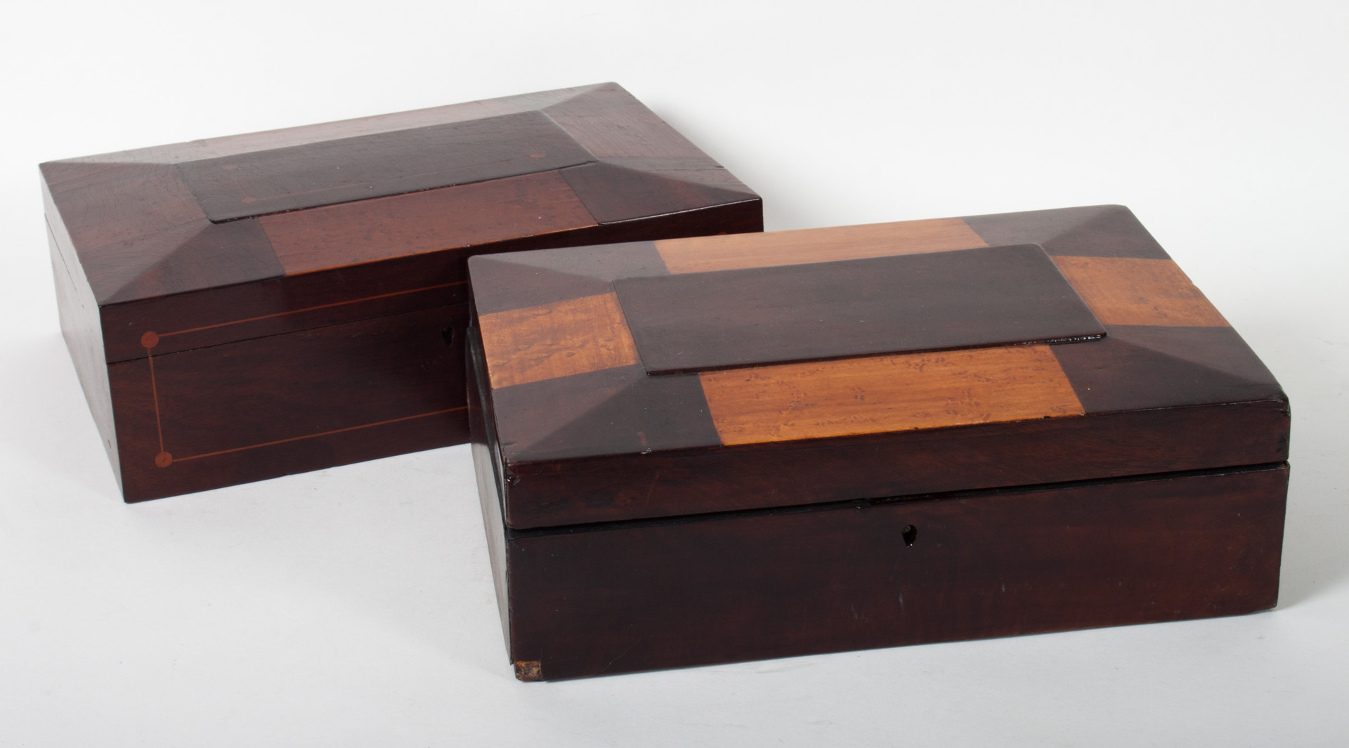 Appraisal: Two Victorian mixed wood sewing boxes each box with checkerboard