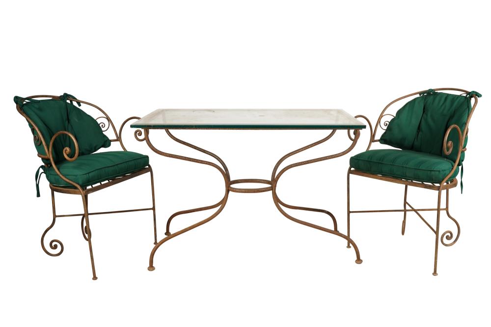 Appraisal: THREE-PIECE IRON PATIO SETcomprising a table with glass top inches