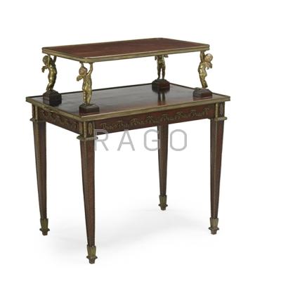 Appraisal: LOUIS XVI STYLE TRAY TABLE Two-tiered in mahogany with dore