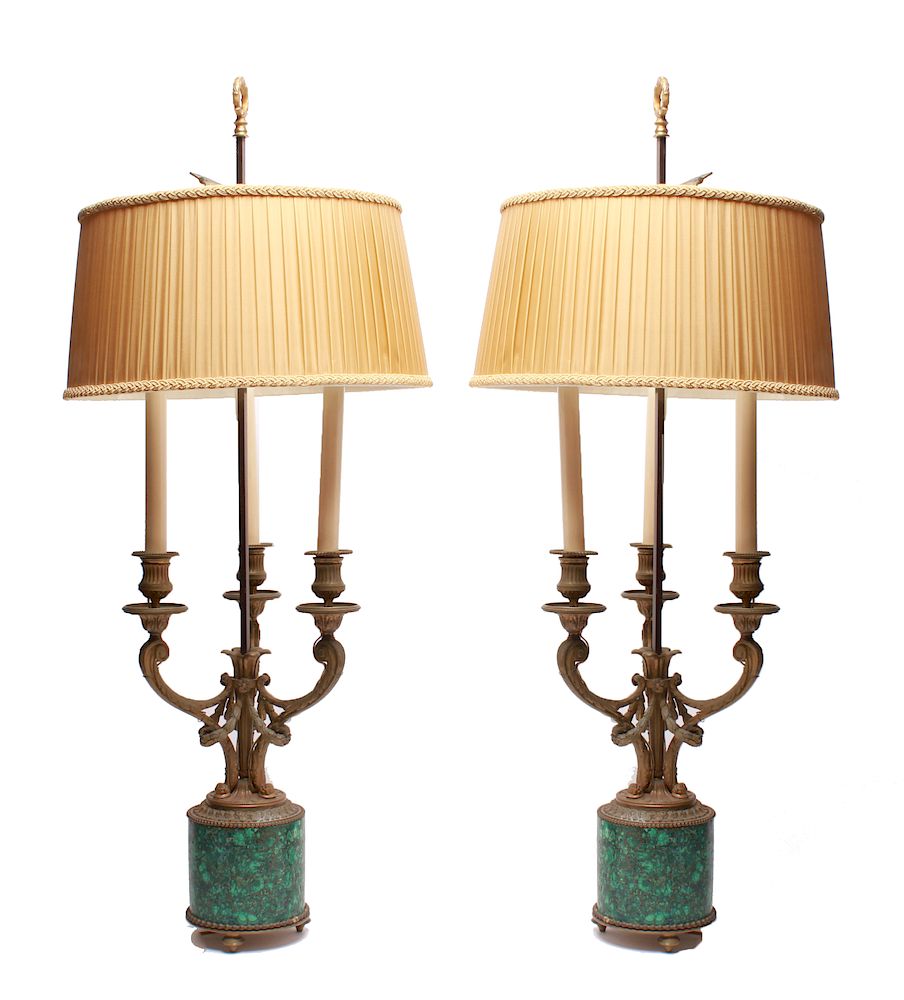 Appraisal: French Empire Style Bronze Malachite Lamps Pair French Empire style